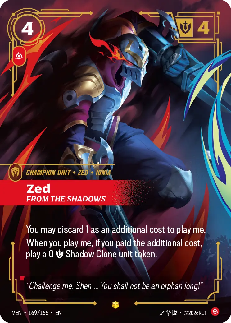 Zed, From the Shadows VEN-169/166 Riftbound Vendetta